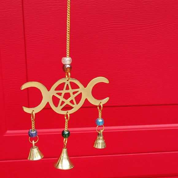 Triple Moon Pentagram Brass Wind Chime - Picture 2 of 4